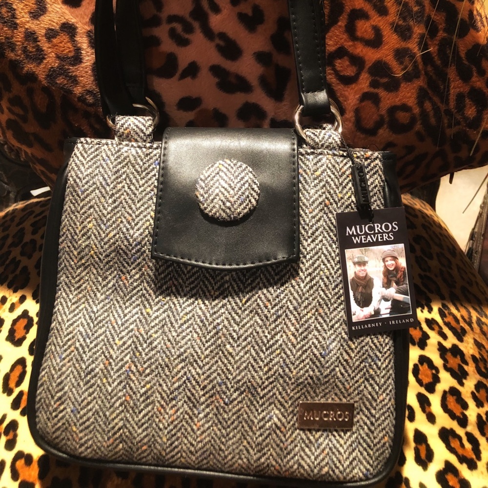 NWT MUCROS small herringbone wool and leather bag
